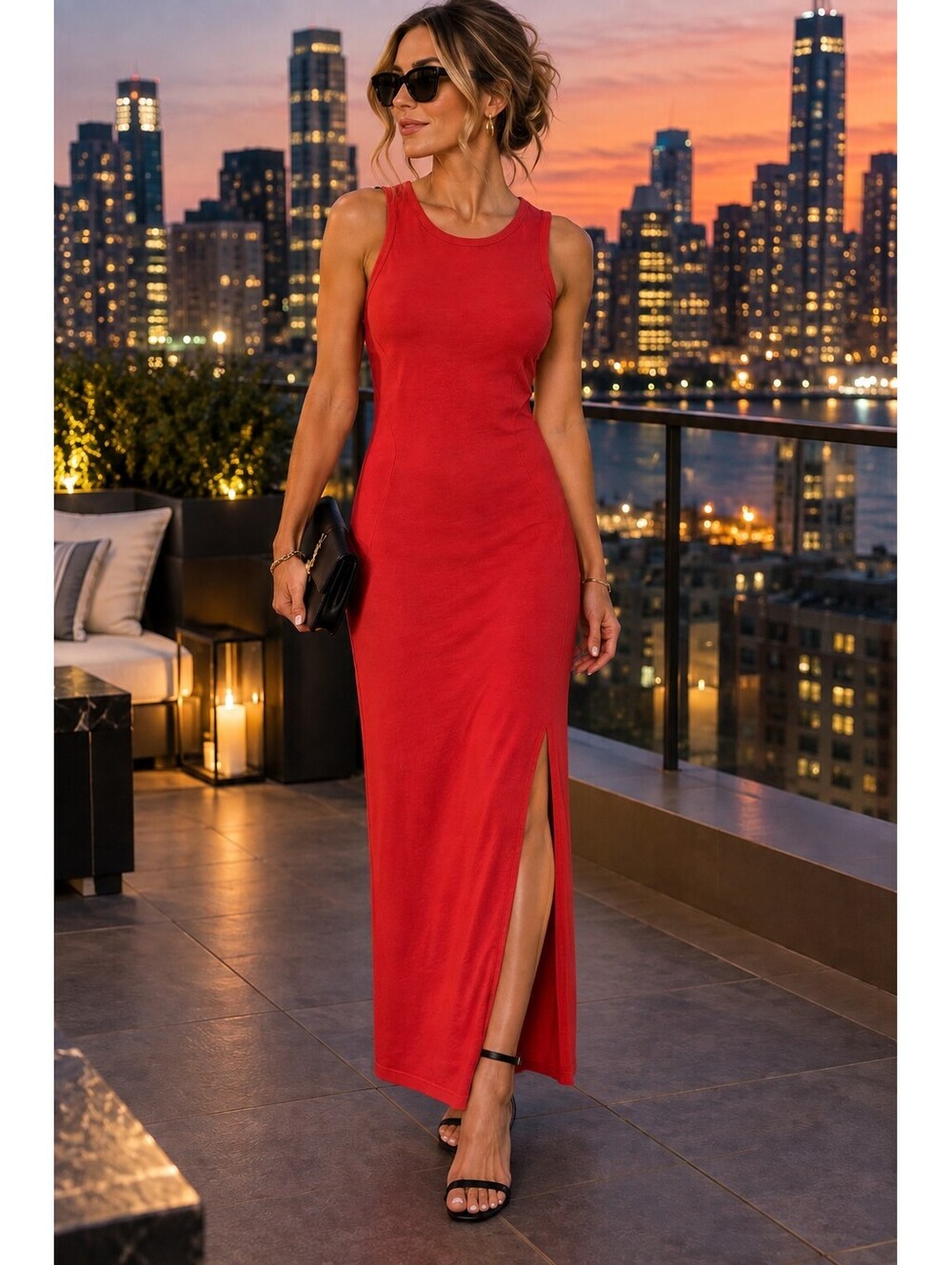 Quince Women’s M Red TENCEL Lyocell Sleeveless Maxi Dress Side Slit Stretch